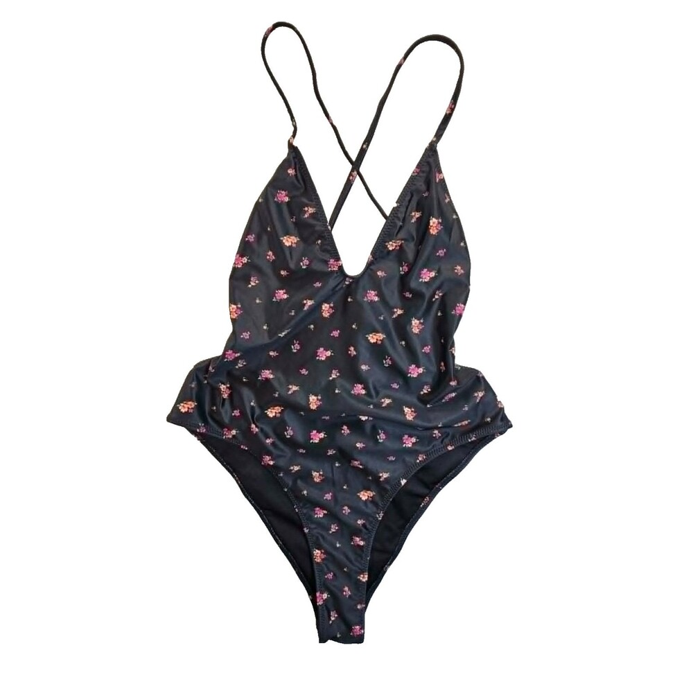 NWT Forever 21 Swimsuit One Piece Black Floral High Legs Size Medium